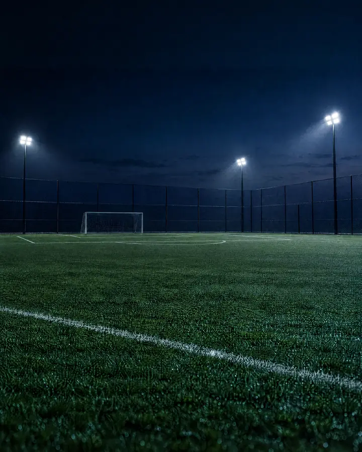 An empty turf field at blue hour with the floodlights just on